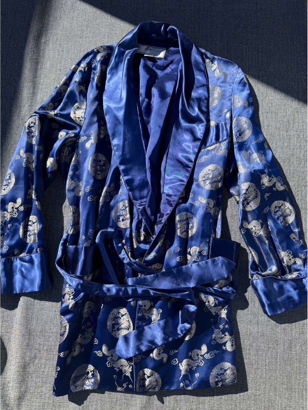 VINTAGE 70'S SOLZ SQUIRREL BLUE BROCADE DRAGON LONG ROBE SMOKING GOWN